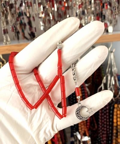 ZAR KEHRİBAR KIRMIZI KESME MODEL TESPİH AY YILDIZ PÜSKÜLLÜ