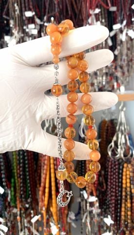 SIKMA KEHRİBAR SARI HARELİ KÜRE MODEL TESBİH AY YILDIZ PÜSKÜLLÜ